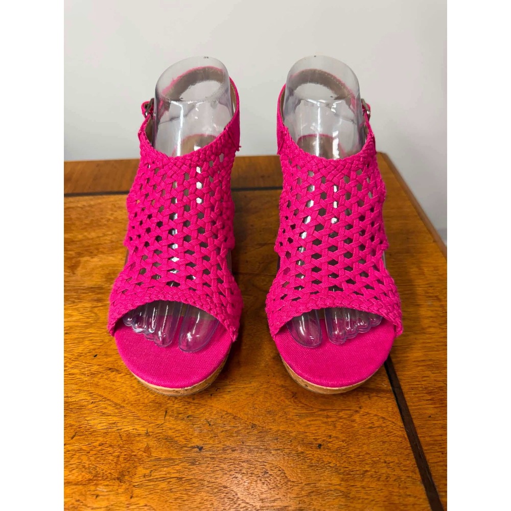 Mudd Girls Hot Pink Woven Wedge Sandals Size 5 Pink Cork Heel Strappy Shoes